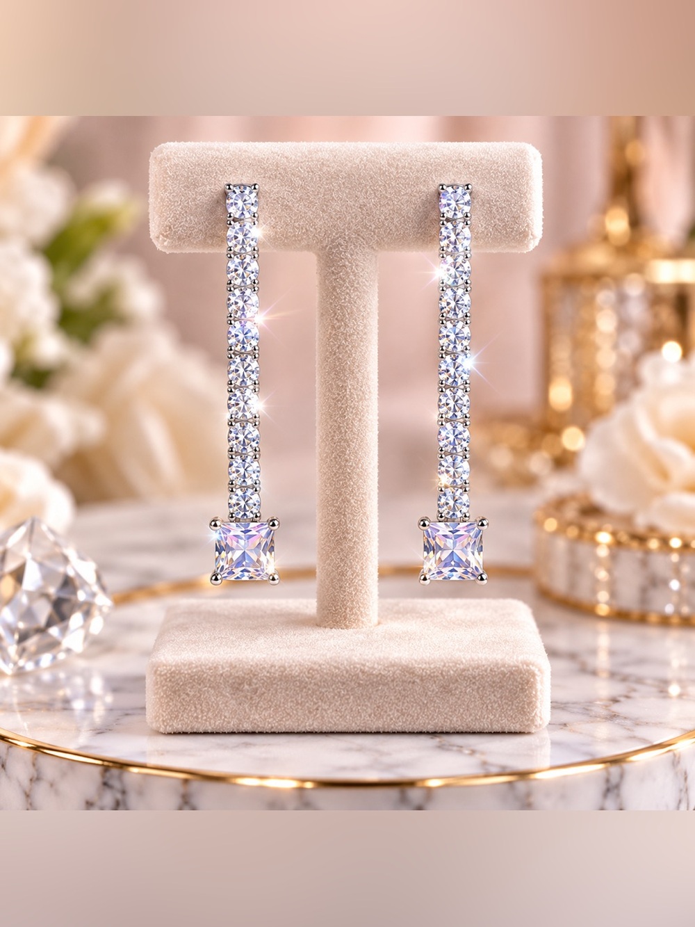 Elegant Crystal Tennis Linear Drop Earrings Silver Tone Square Cut Bridal NWT